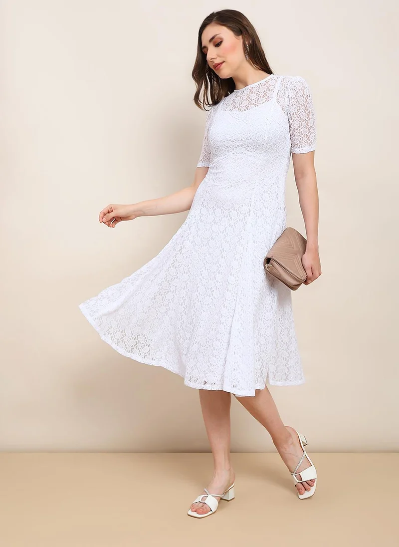 globus Globus Women White Round Neck Puff Sleeves Flared Hem Panelled Floral Lace A-Line Midi Party Dress